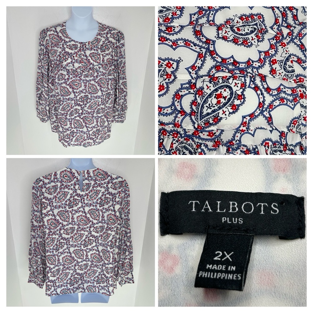 Talbots Cotton Button Front Shirt Paisley‎ Size 2X Colorful Preppy Bohemian